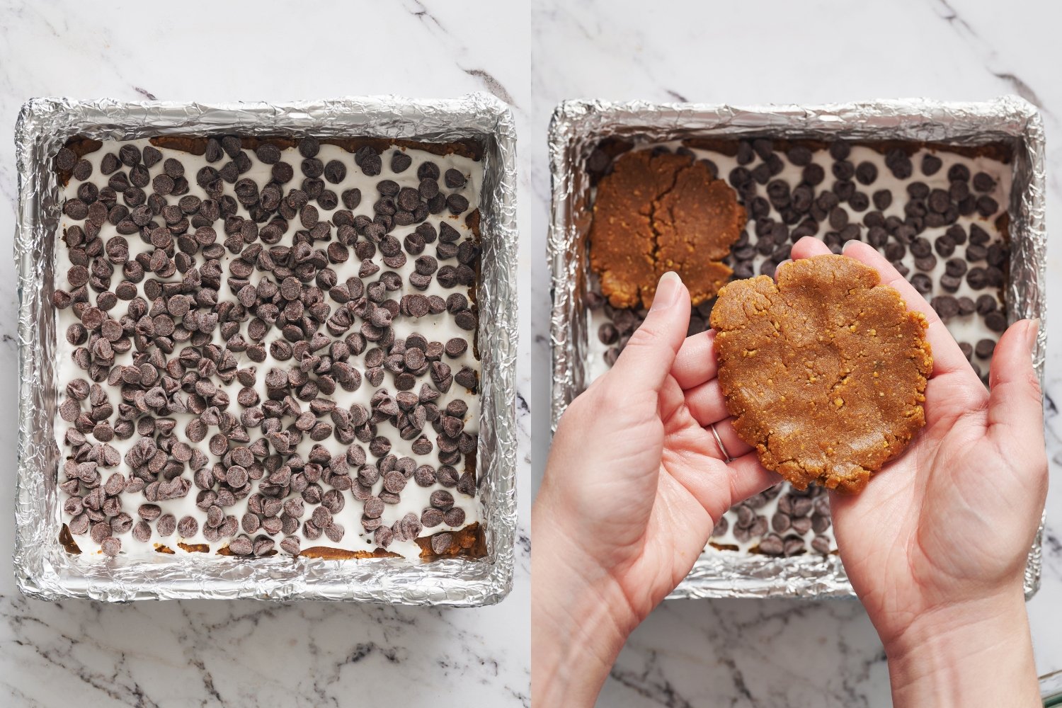 side-by-side images showing chocolate chips scattered on top of the marshmallow layer, and then hands placing portions of blondie dough on top before baking.