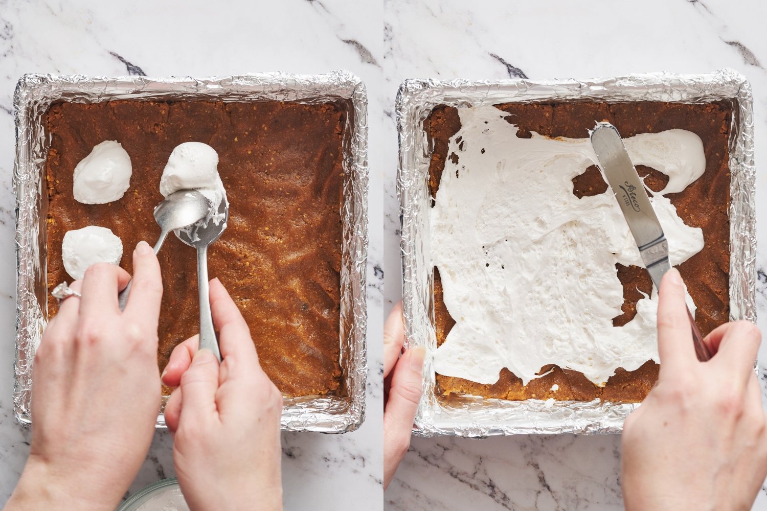 side-by-side images showing the marshmallow creme being spooned on and spread out.