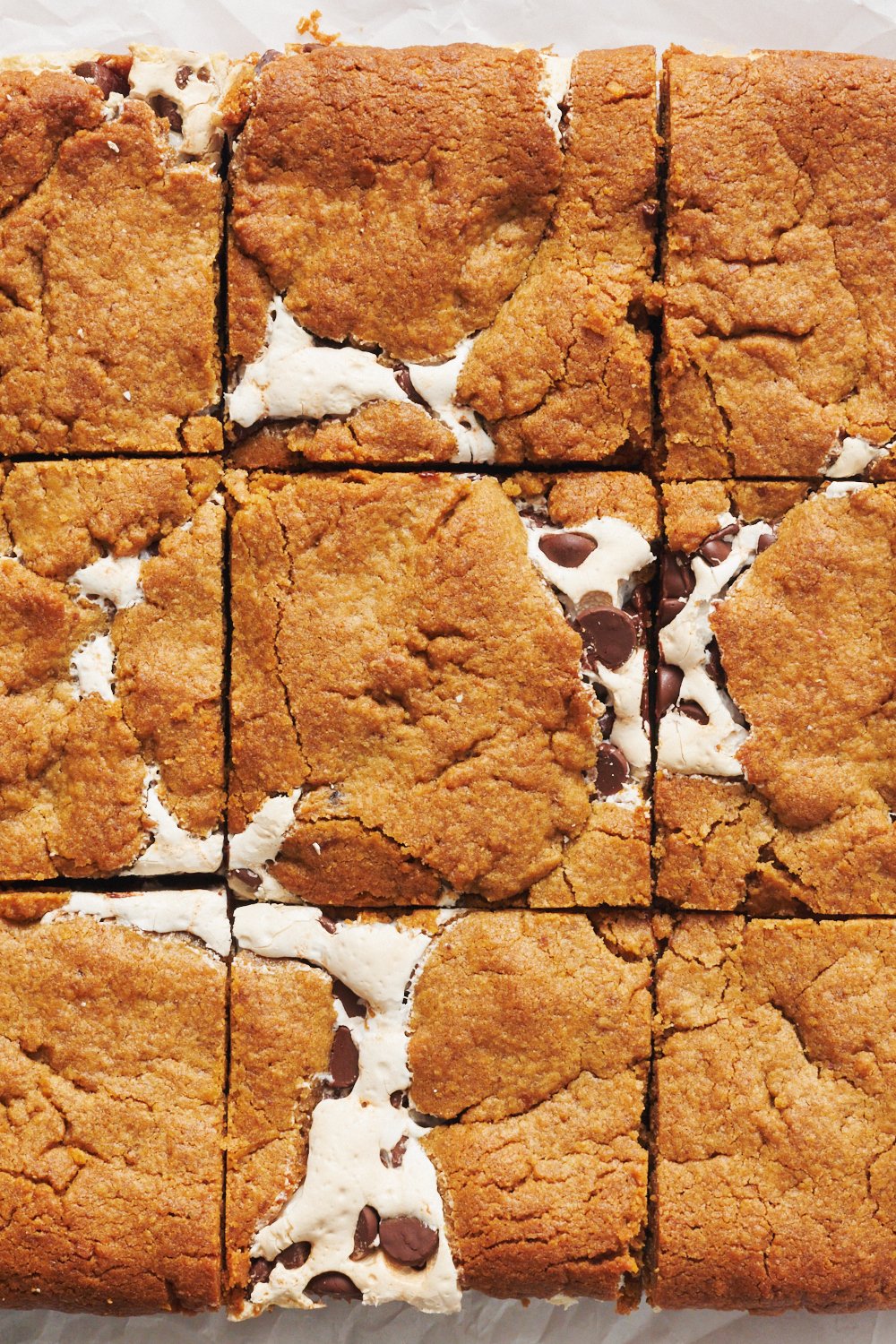 the whole pan of s'mores blondies, sliced and ready to serve.