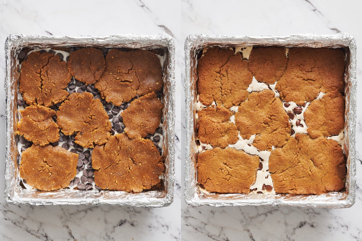 two side-by-side images showing the pan of s'mores blondies before and after baking.