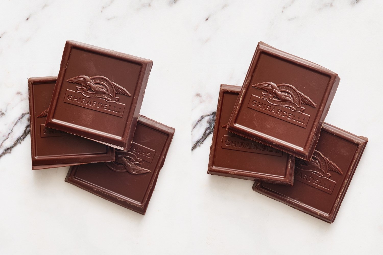 a few blocks of bittersweet chocolate next to a few blocks of semisweet chocolate on a marble surface.