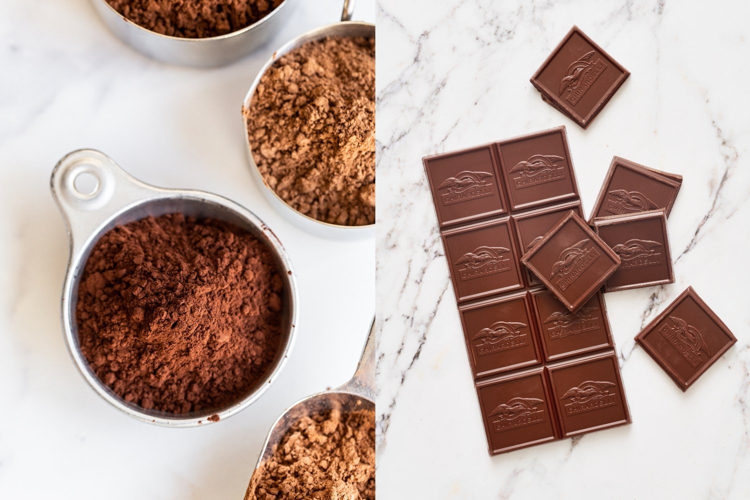 side-by-side images of cocoa powder and a block of baking chocolate.