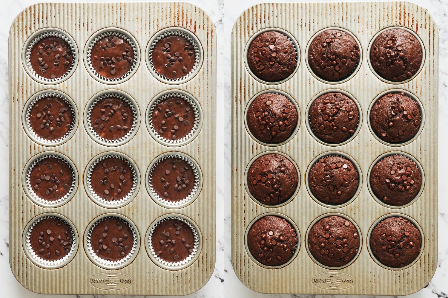 side-by-side pictures of the muffins in muffin pans, before and after baking. 