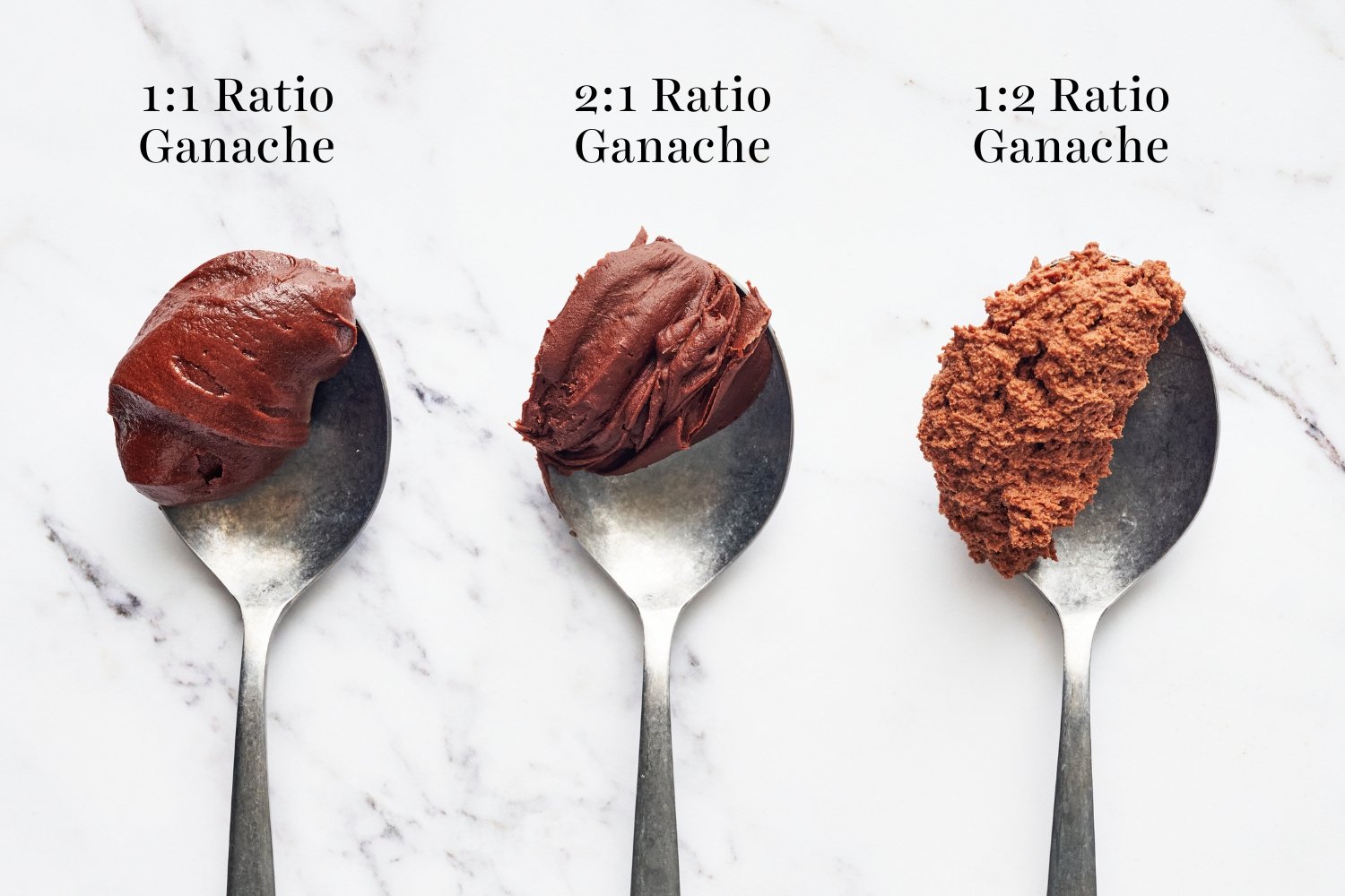 three spoonfuls of ganache of a marble surface, showing the different ratios of cream to chocolate.