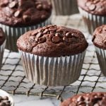 double chocolate banana muffins cooling on a wire rack.