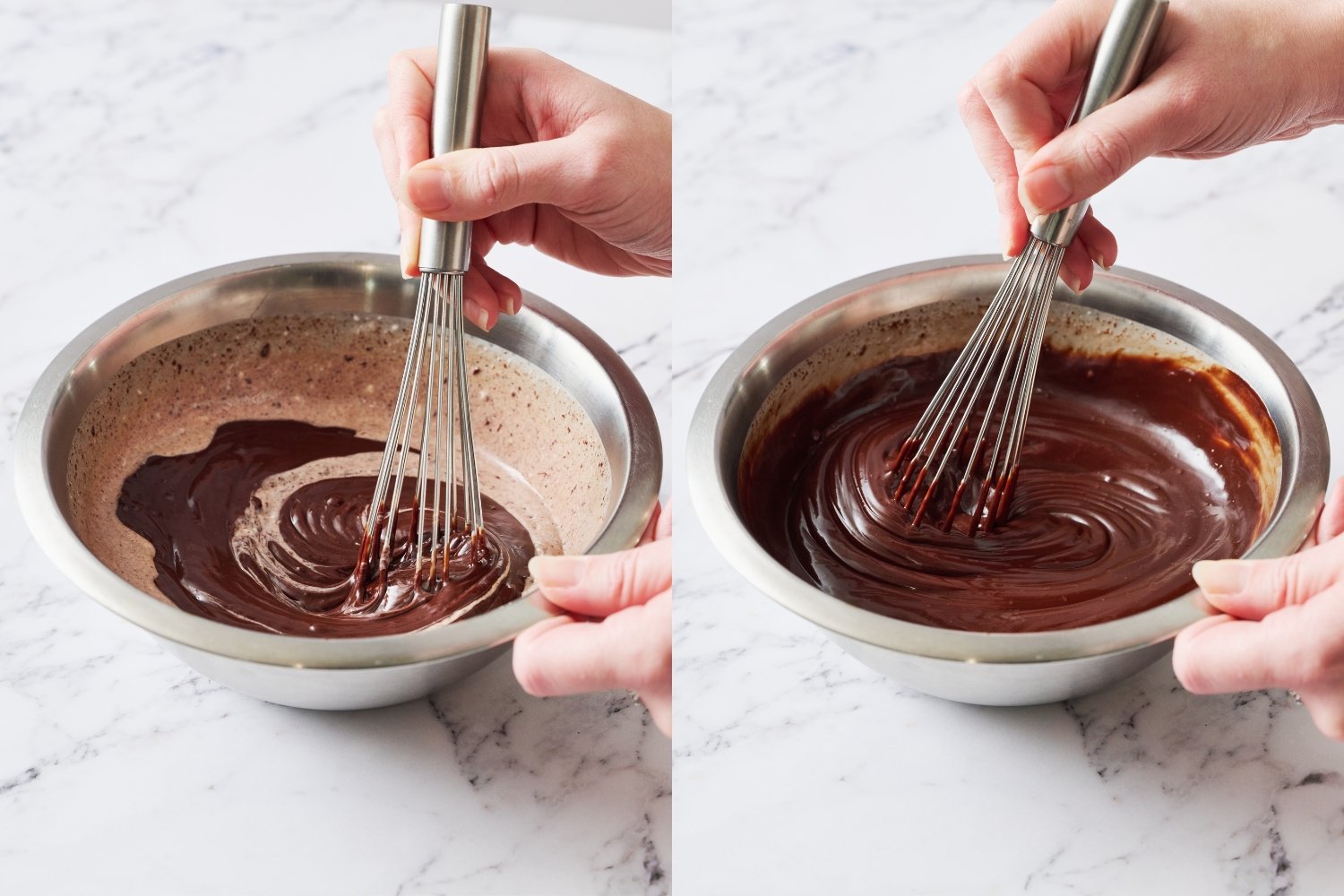 side-by-side images showing the cream and chocolate being whisked together in a bowl, and the shiny ganache formed after a few minutes of stirring. 