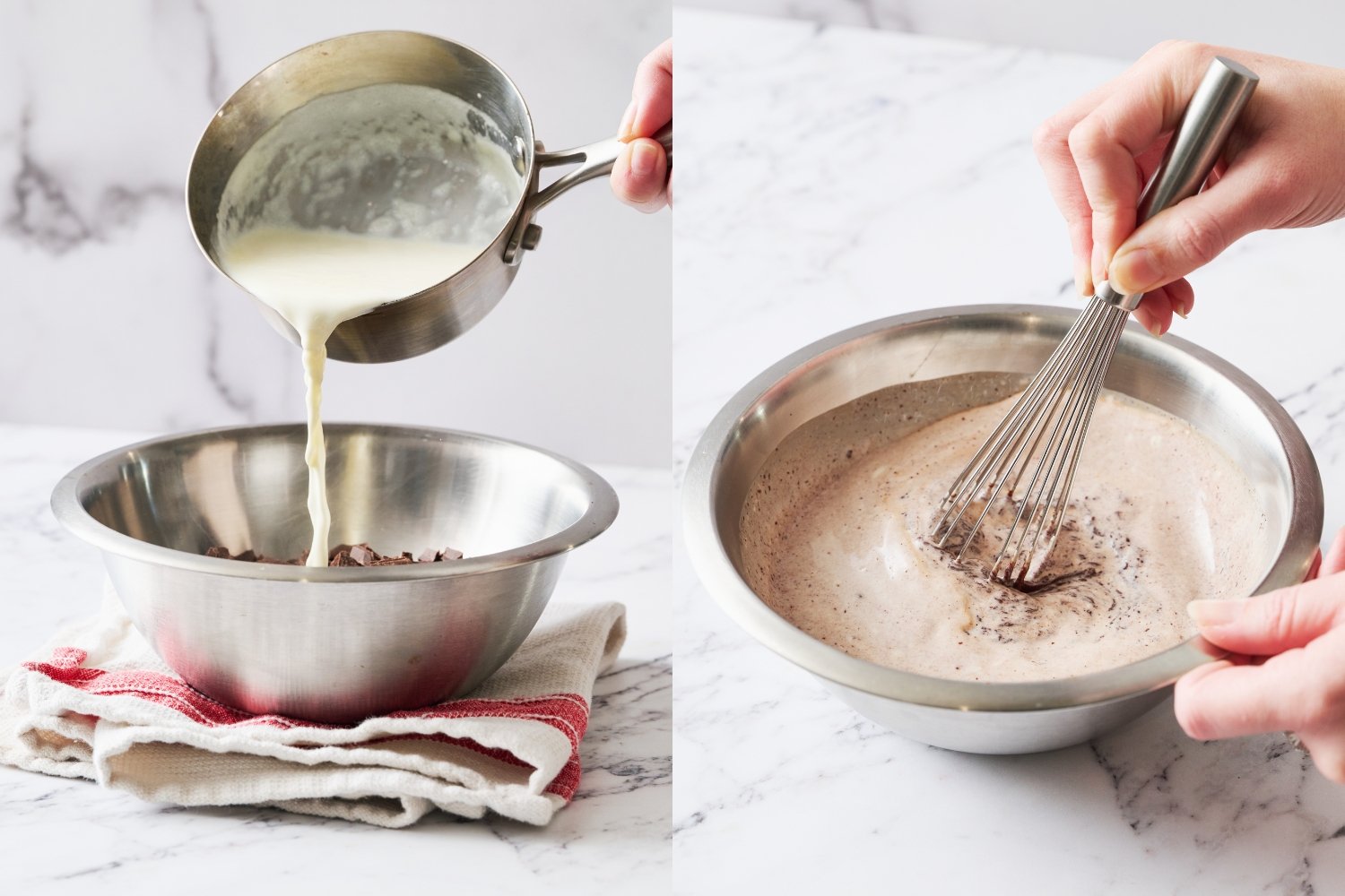 collage of two images showing the hot cream being added to a bowl with chocolate, and then beginning to whisk to two together. 