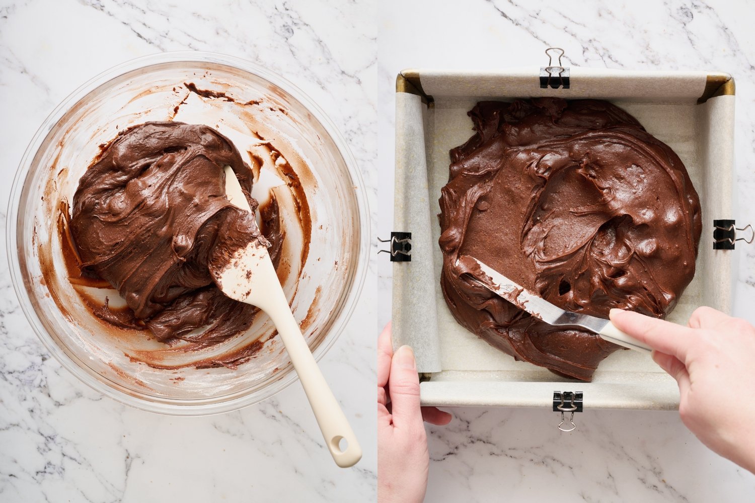 two side-by-side pictures showing the bowl of brownie batter, then showing the batter being spread into the pan.