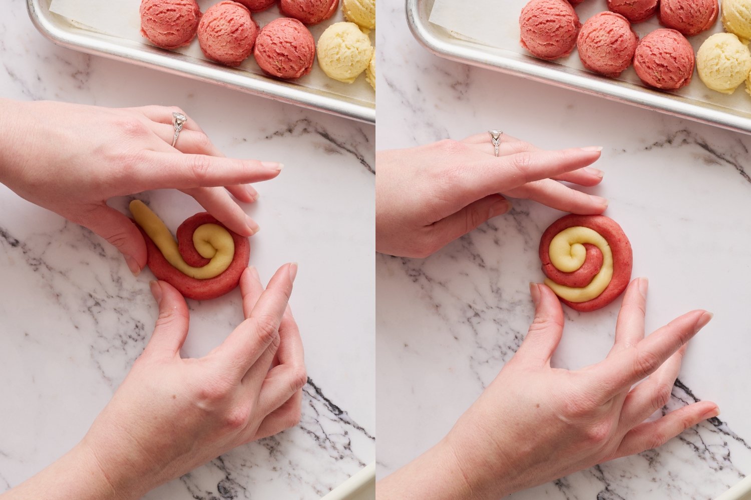 rolling the logs of dough into flat spirals.