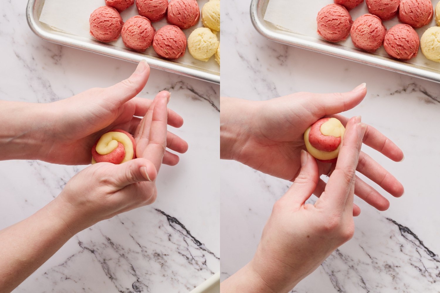 roll the flat spirals into balls, keeping the spiral on top.