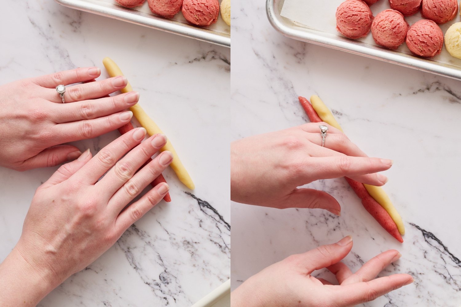 rolling balls of dough into logs.