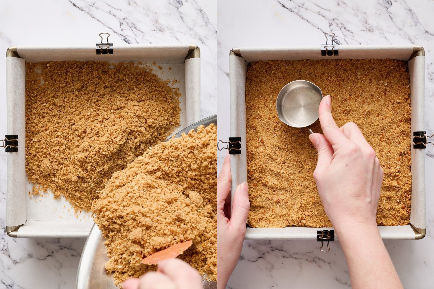 side-by-side photos of the crust being poured into the pan and then being pressed down firmly.