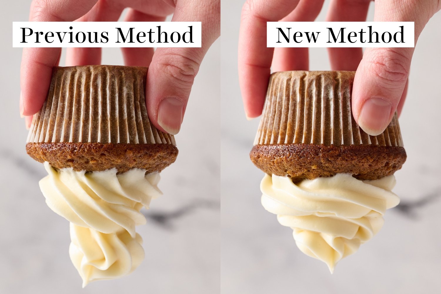 two side-by-side images of cupcakes iced in cream cheese frosting, comparing two methods of preparation for this recipe.