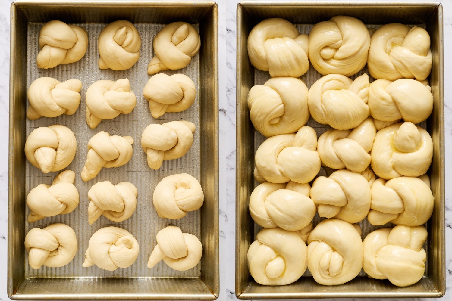 side by side shots of the garlic knots after being shaped, before and after rising.