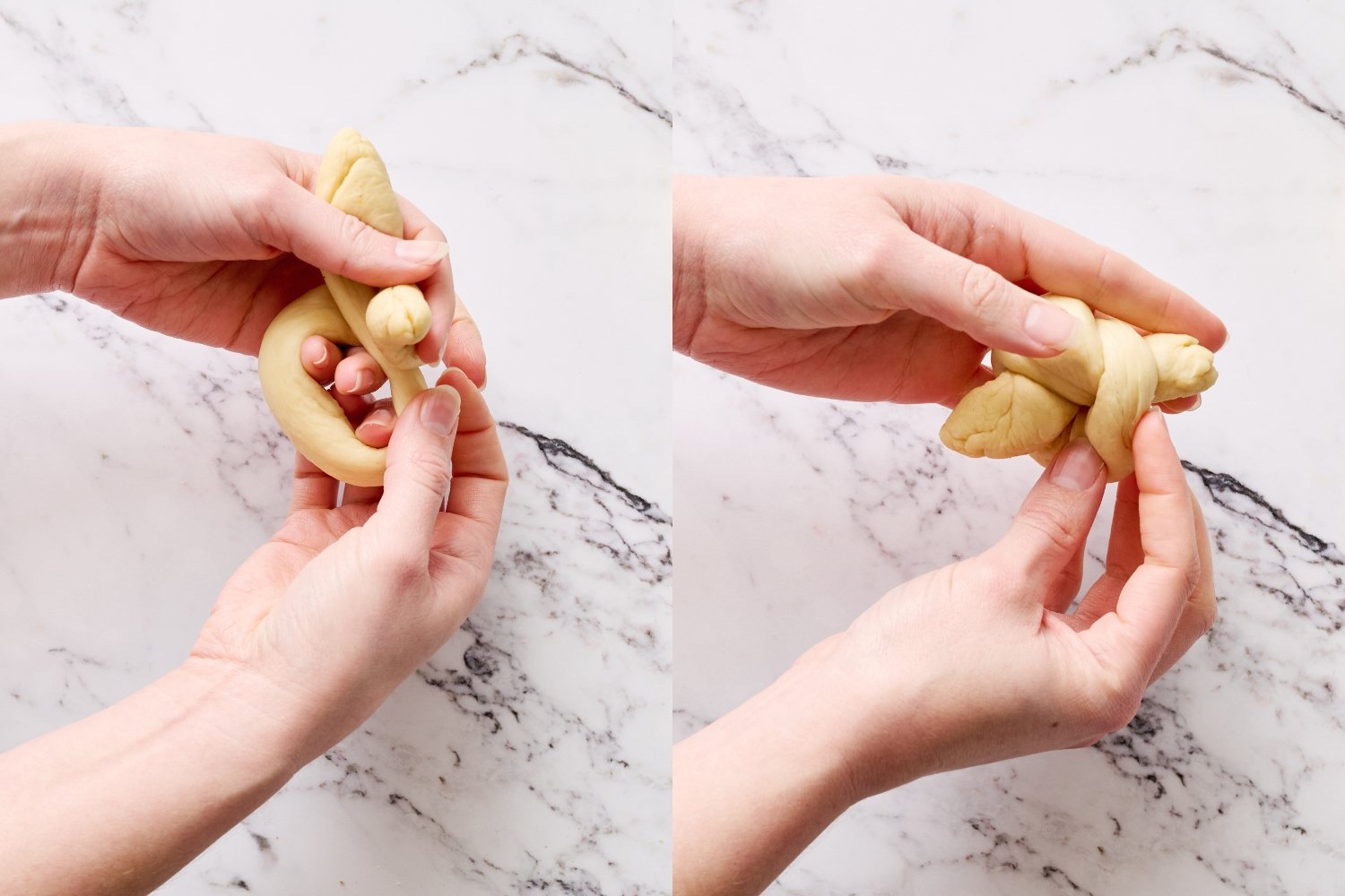 tying the log of dough into a knot.