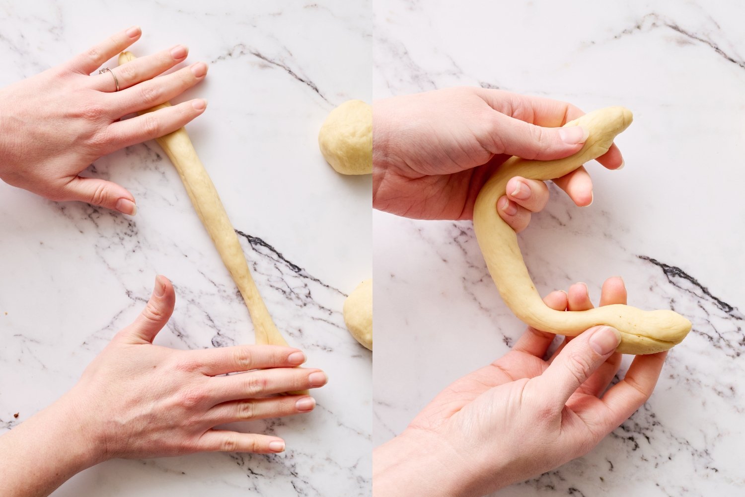 rolling a piece of dough into a log.