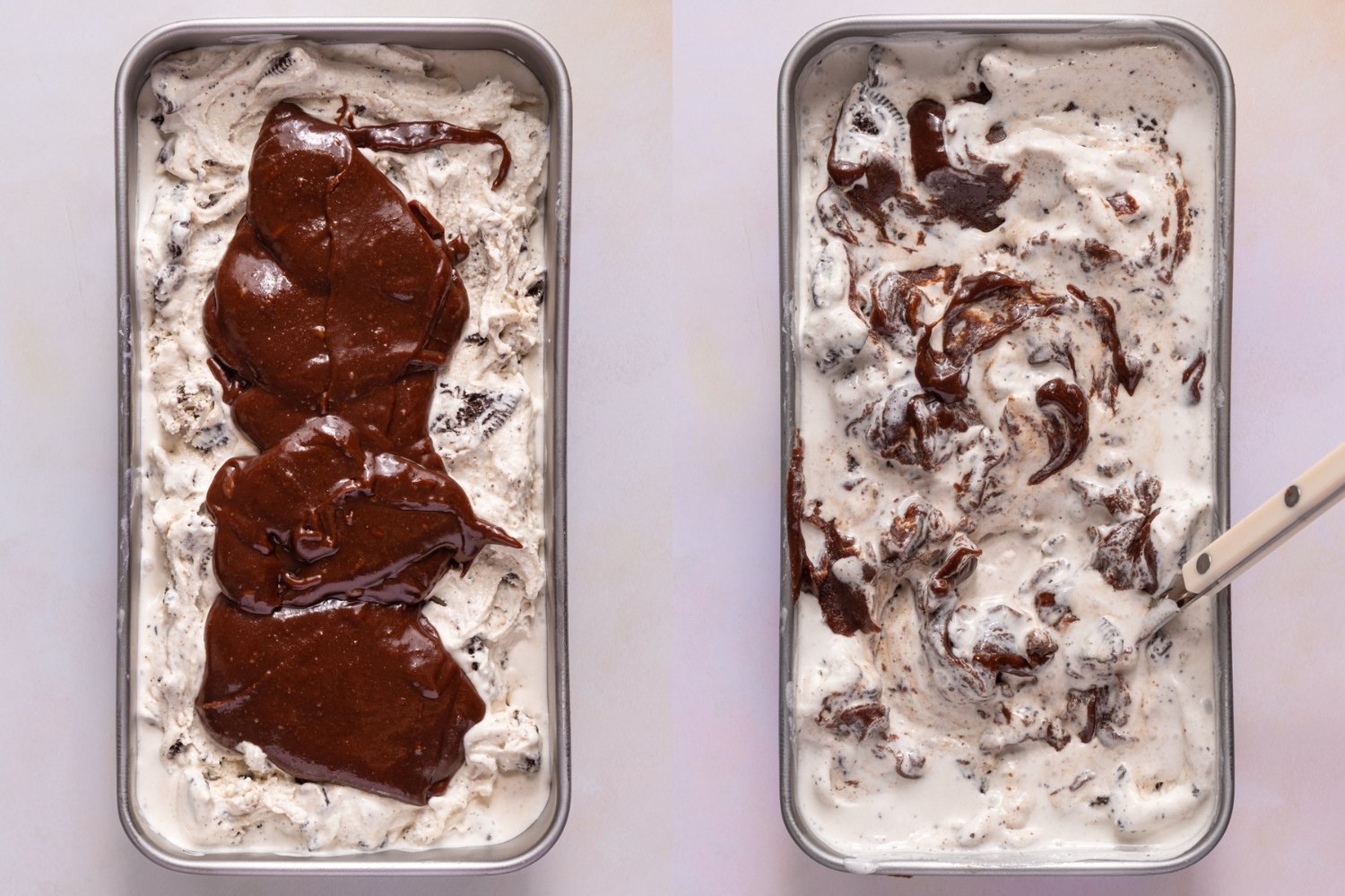 swirling fudge into churned cookies & cream ice cream