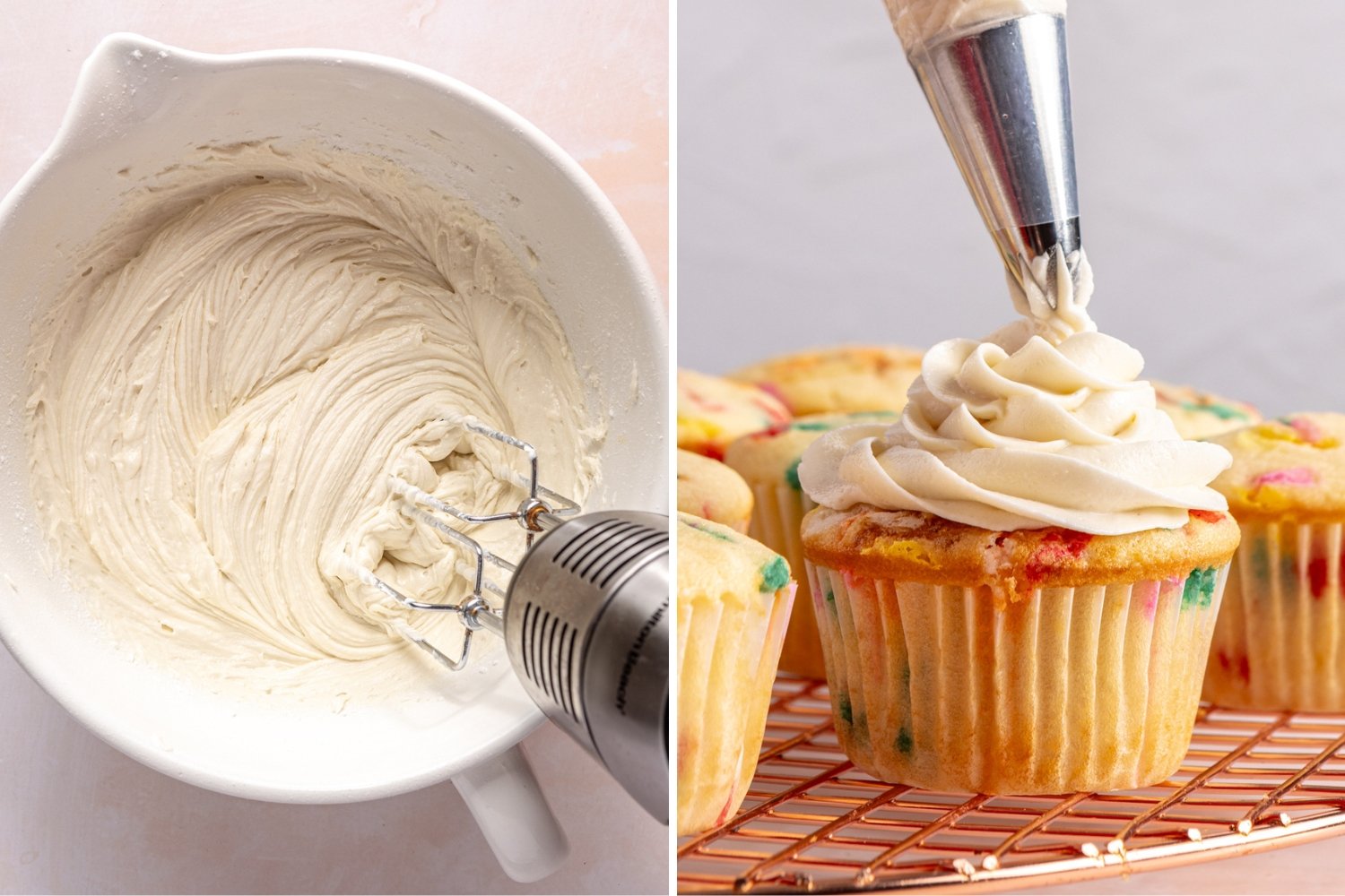 preparing and decorating cupcakes with cream cheese frosting