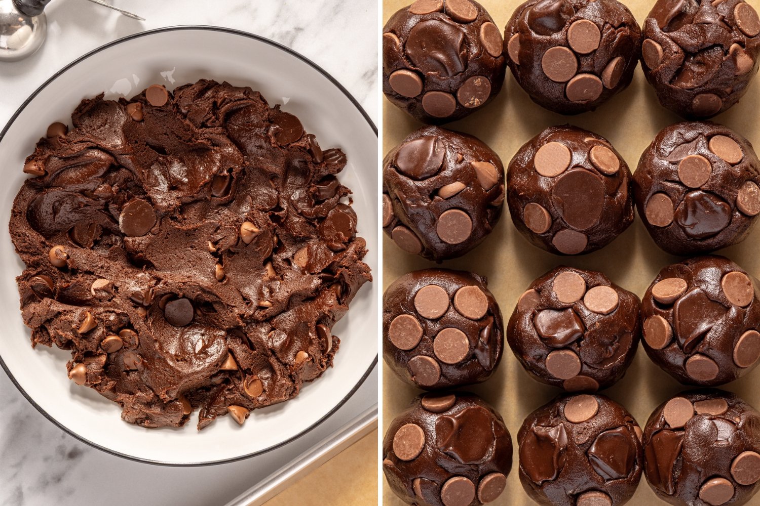 bowl of dough on the left, portioned dough on the right