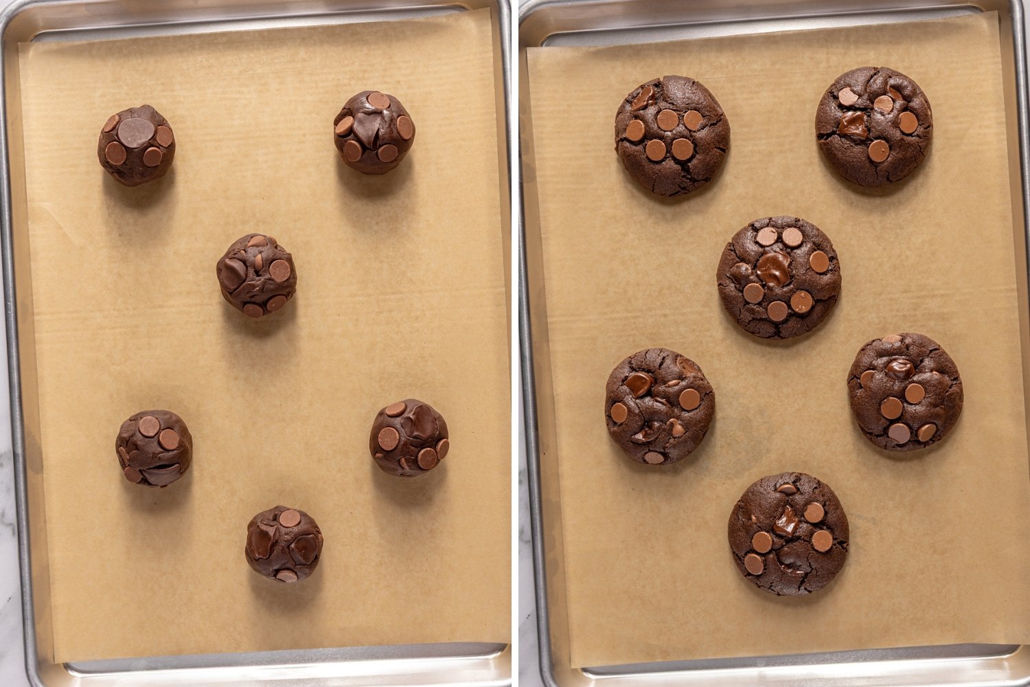 cookie dough on tray before and after baking