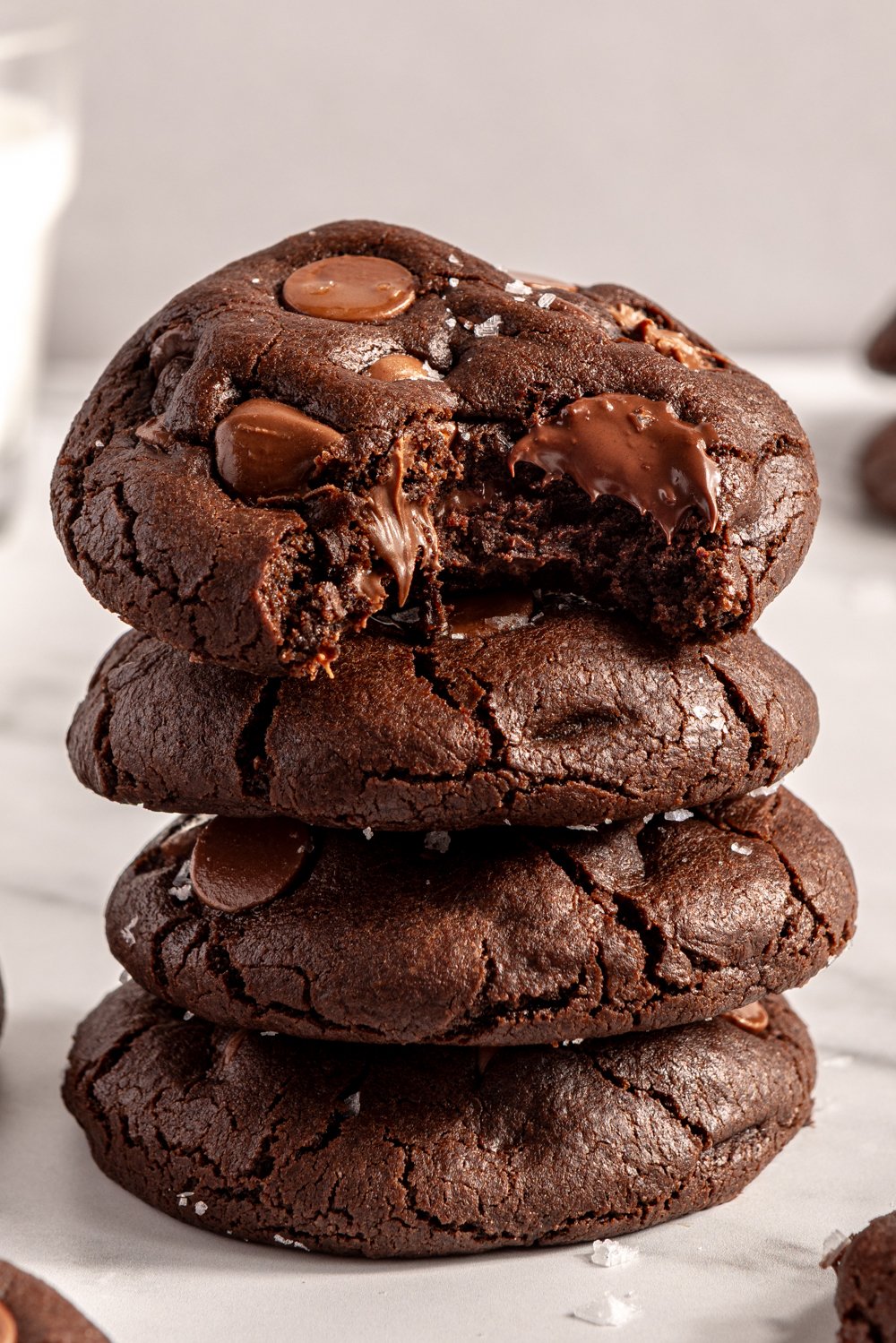 stack of double chocolate chip cookies