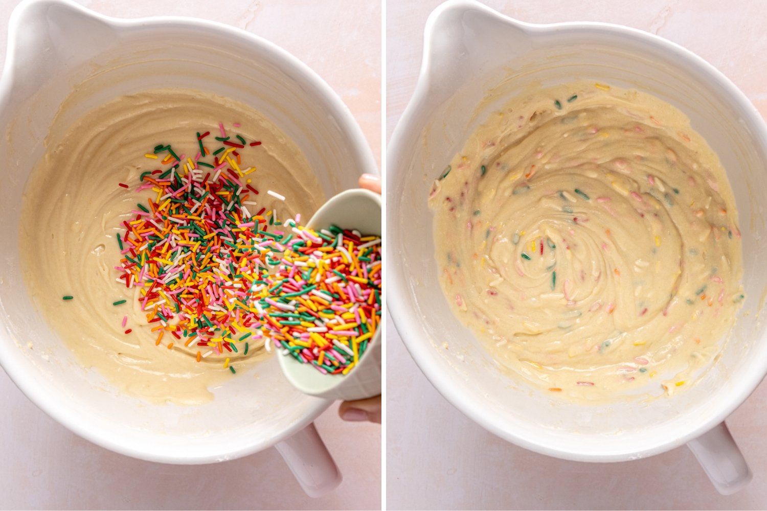 pouring funfetti sprinkles into cupcake batter