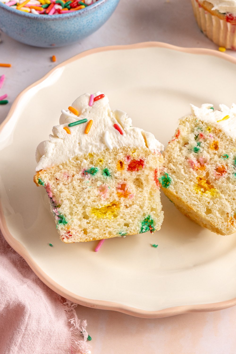 funfetti cupcake cut in half