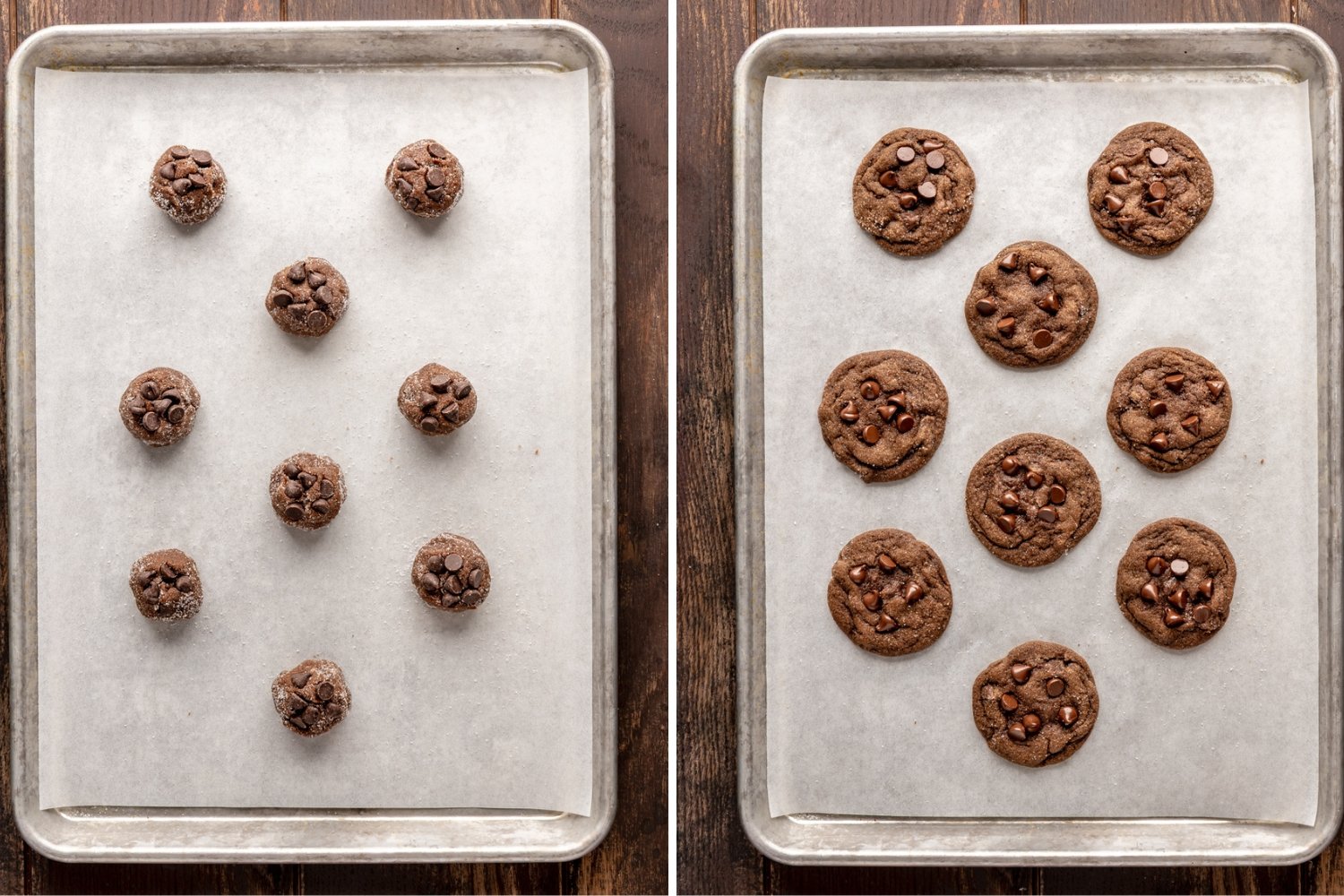cookie dough on sheet before baking next to cookie dough on sheet after baking