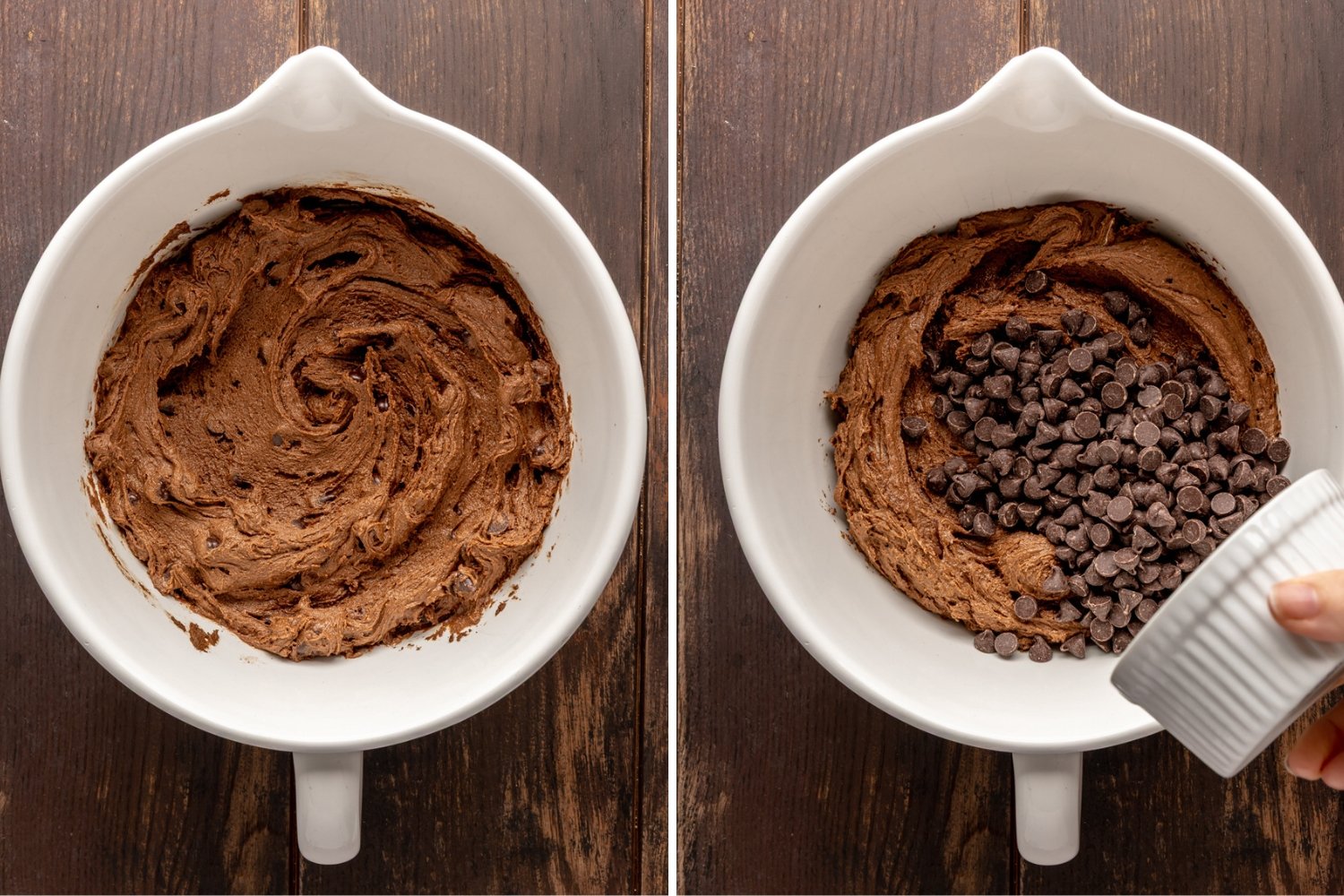 adding chocolate chips to cookie dough