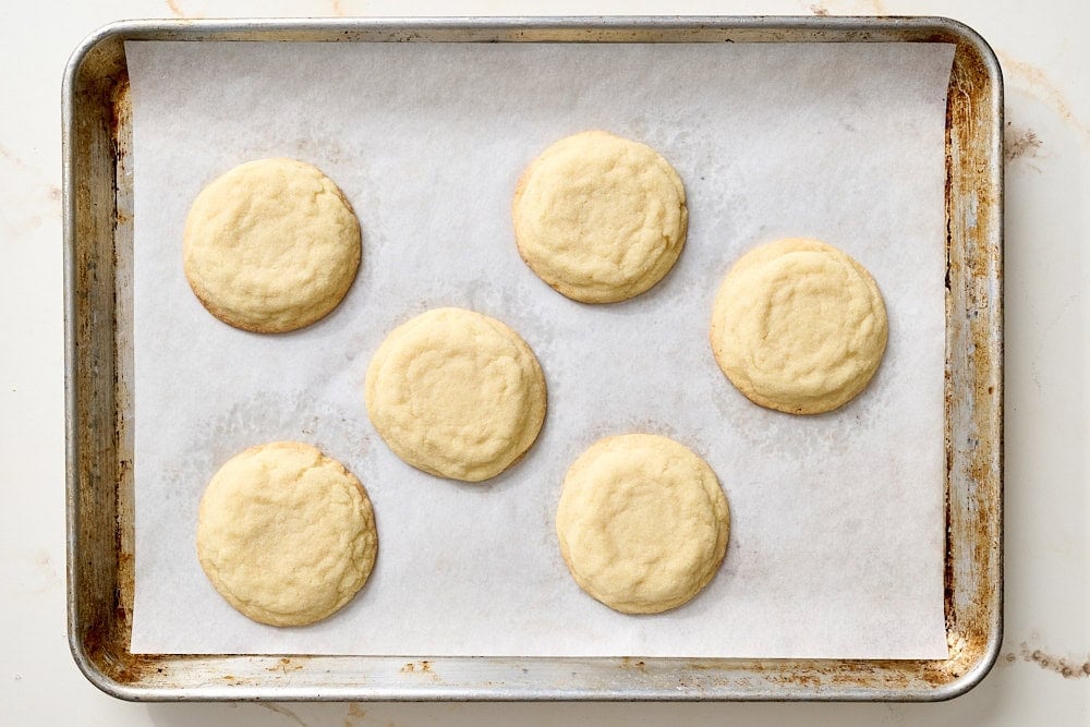 overhead view of sugar cookies fresh out of the oven