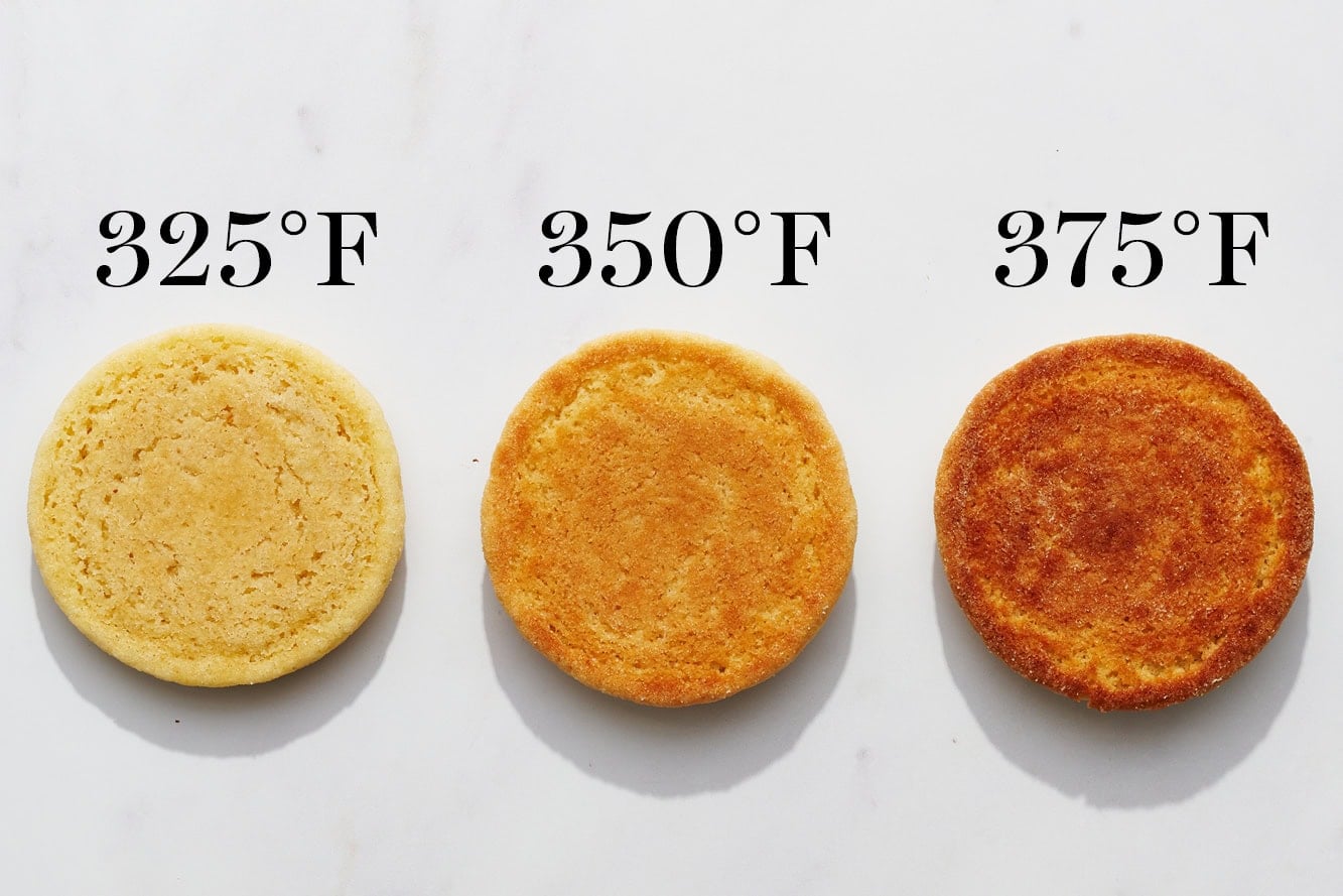 overhead view of the bottoms of three sugar cookies, 1 baked at 325°F, 1 baked at 350°F, and 1 baked at 375°F