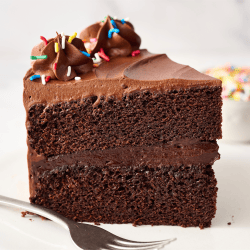 slice of tall chocolate cake on a plate with a fork and a small bowl of rainbow sprinkles in the background
