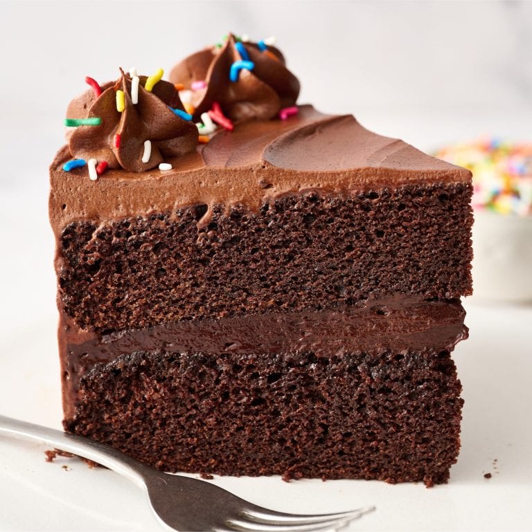 slice of tall chocolate cake on a plate with a fork and a small bowl of rainbow sprinkles in the background