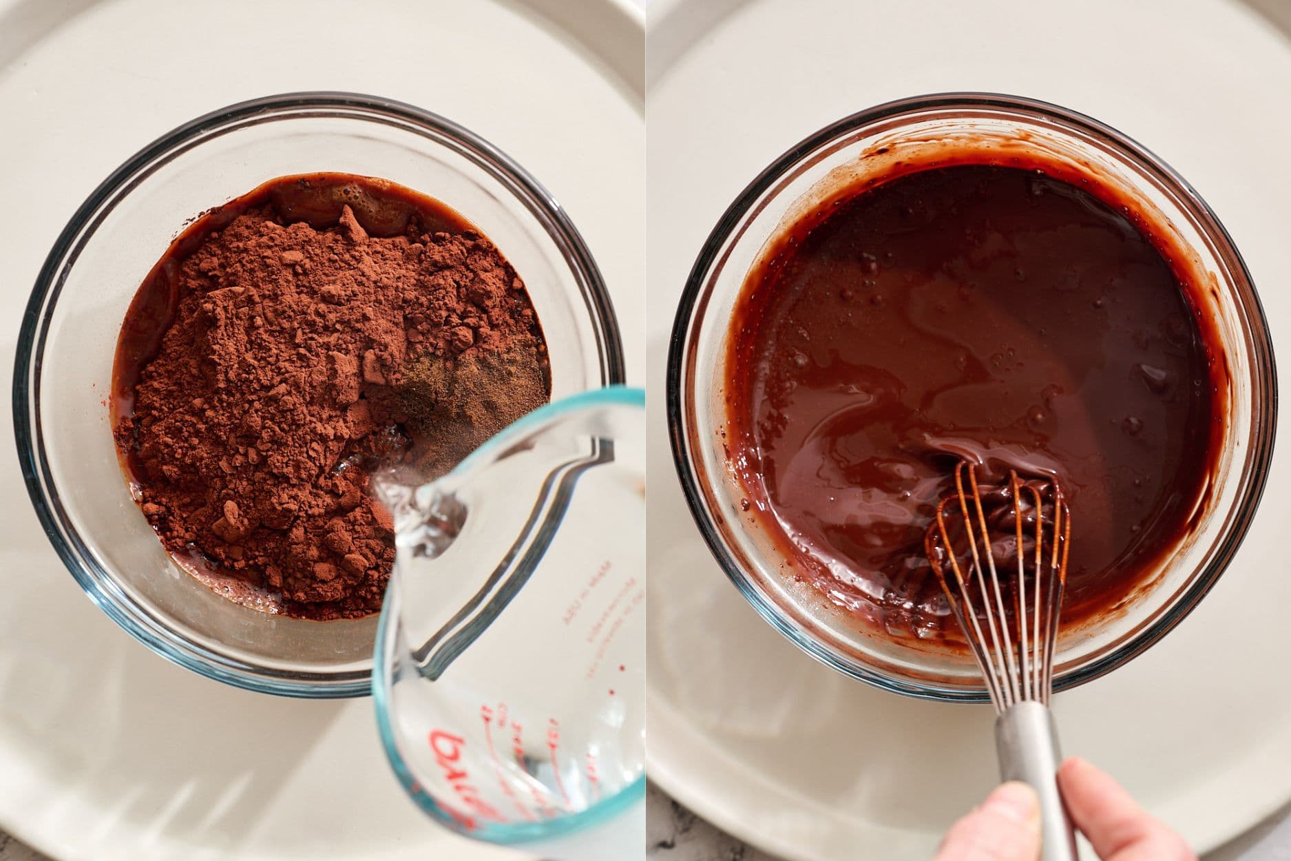 pouring hot water over the cocoa and espresso mixture to bloom the cocoa