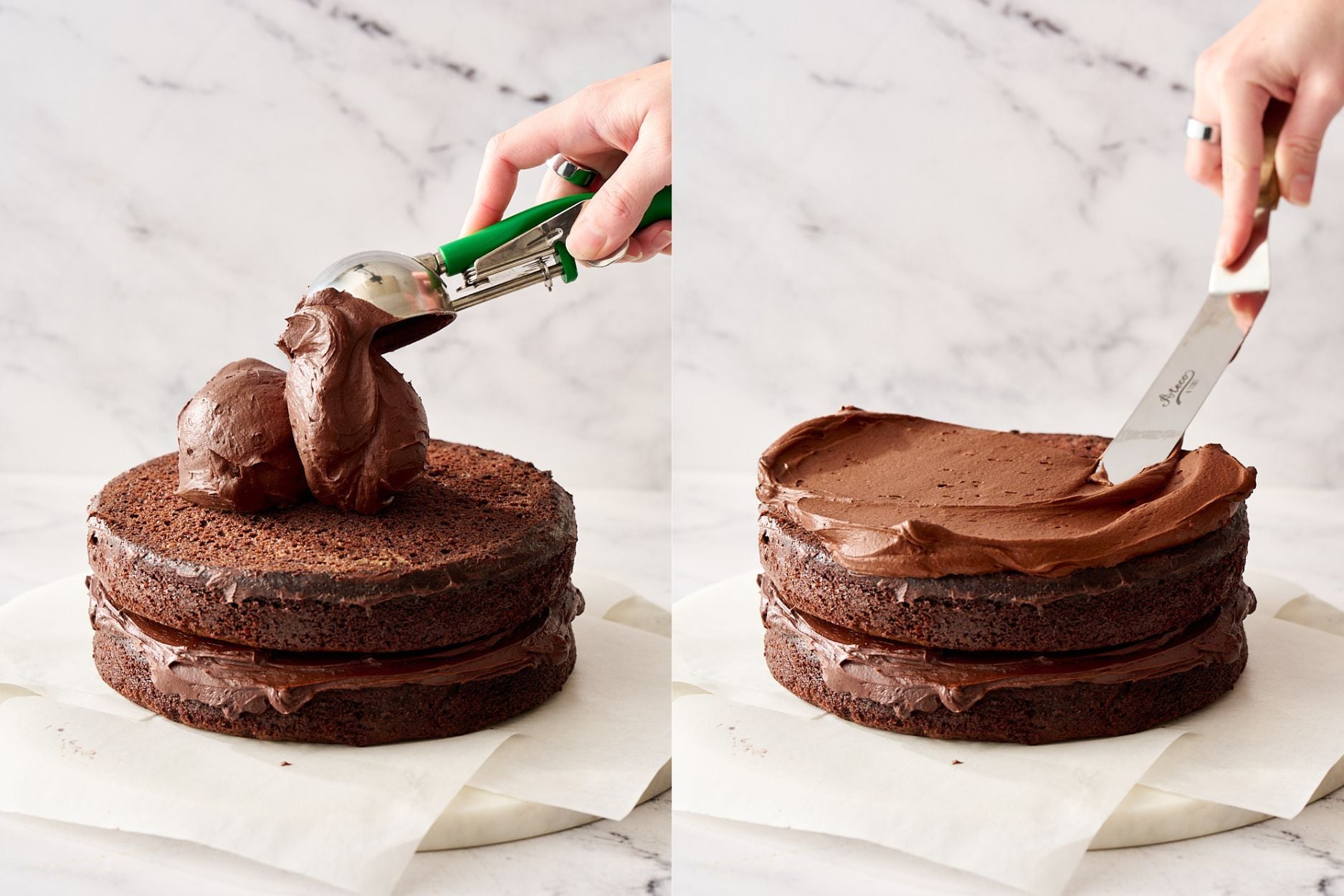 spreading smooth chocolate buttercream over two stacked and filled cake layers