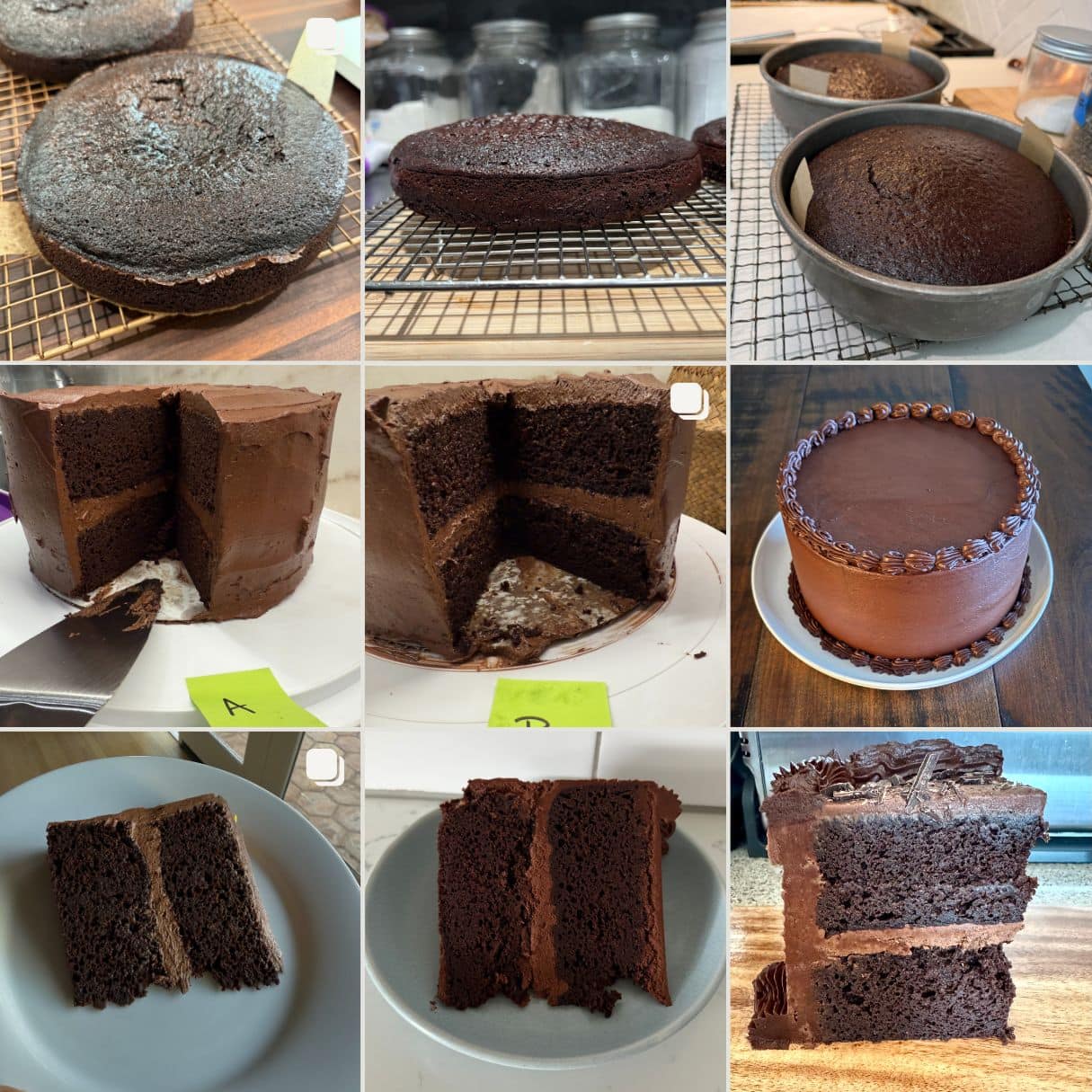 collage of 9 versions of this chocolate cake over the recipe development process
