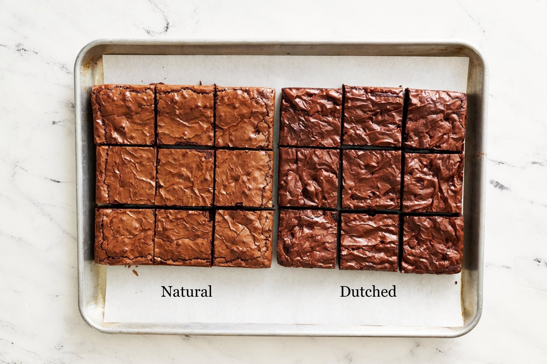Overhead of a sheet pan containing a 9 brownies made with natural cocoa powder, and 9 brownies made with Dutch process cocoa powder, each labeled