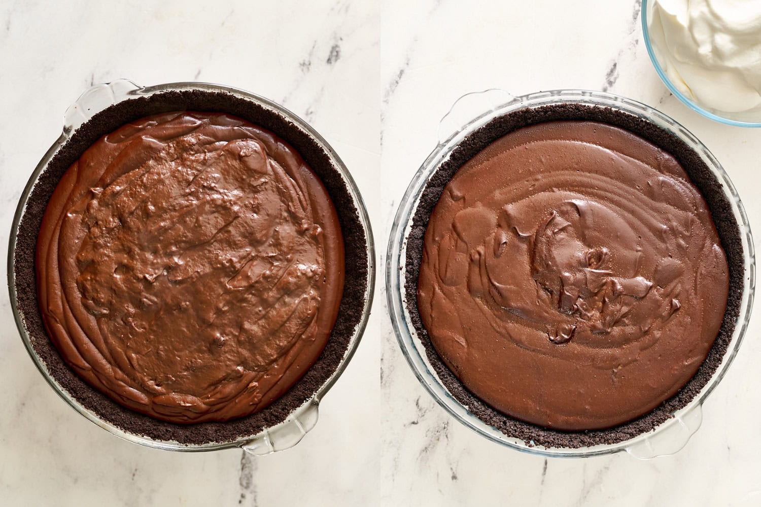 overhead view of the filled pie, before and after chilling, to show change in texture