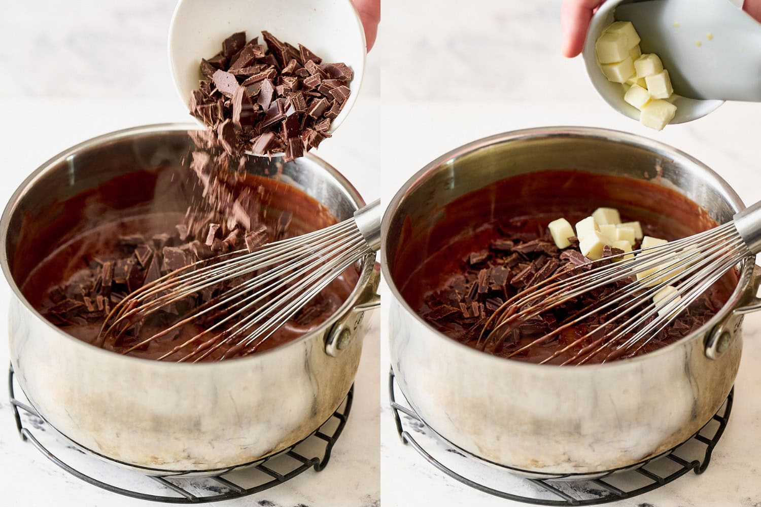 adding in chopped chocolate and cubed butter to the cooked filling mixture in the saucepan, off the heat