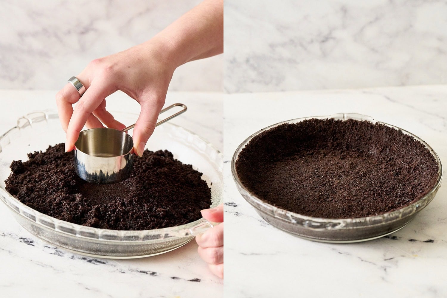 pressing Oreo crumbs into a pie dish