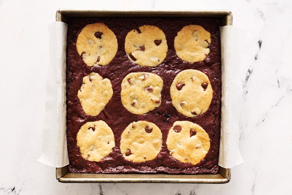overhead view of brookies in pan after baking