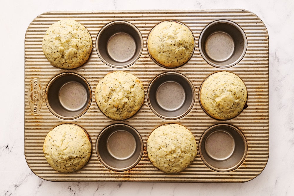 freshly baked muffins in muffin tin, spaced into every other cavity