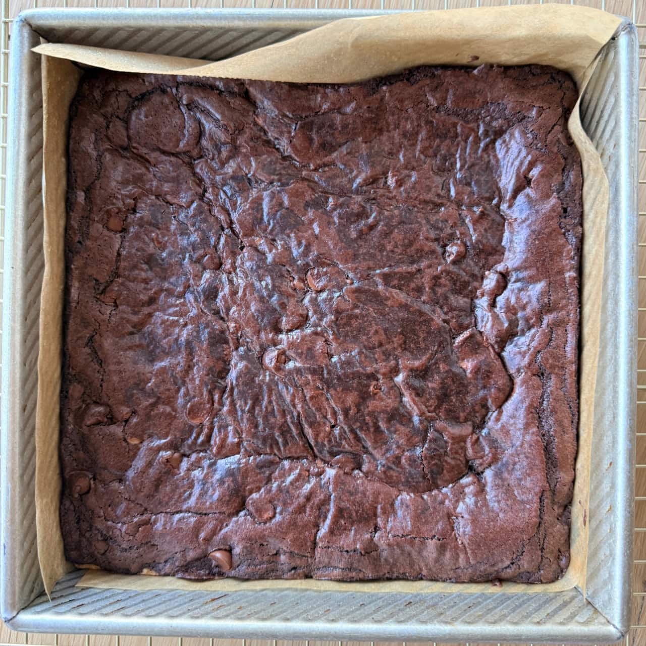 personal iPhone photo of first iteration of brookies in pan with only brownie visible