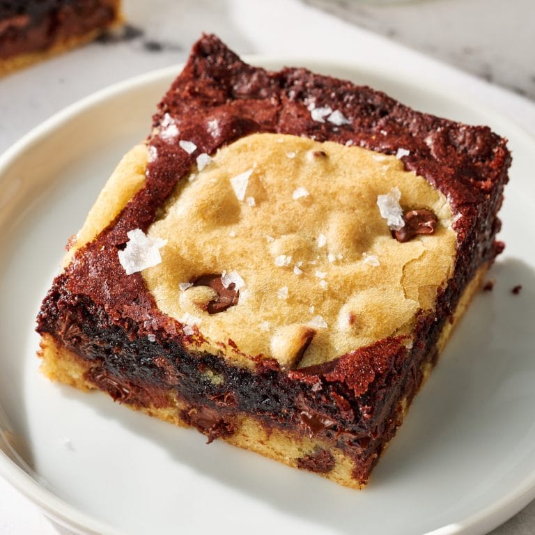 Brookie square on a plate with flaky salt on top