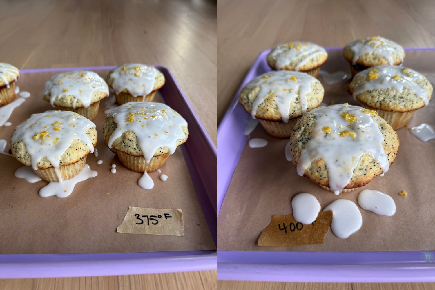 iPhone photos of muffins in the test kitchen, one batch baked at 375°F and the other at 400°F
