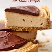 Serving platter with no bake peanut butter cheesecake and chocolate topping, one slice ready to enjoy
