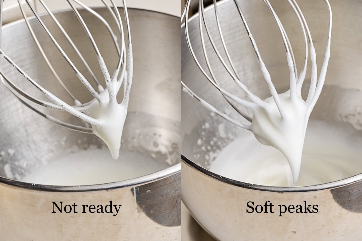 showing the difference between egg whites not whipped enough vs. soft peaks
