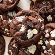 many chocolate cookies & cream cookies on a marble surface