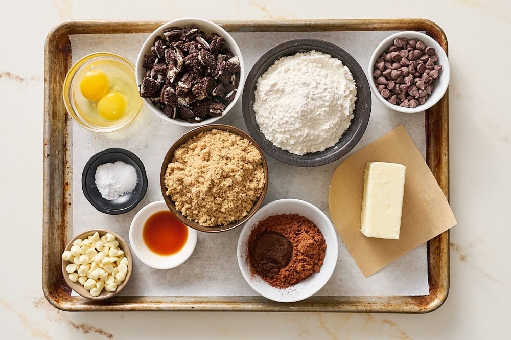 chocolate cookies & cream cookies recipe ingredients measured on a tray