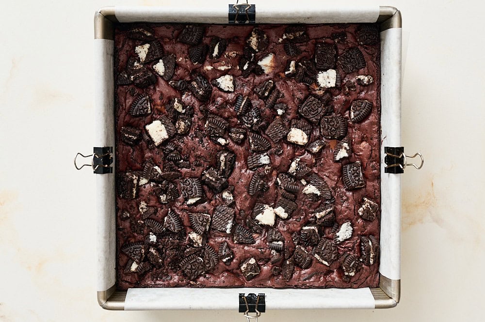 overhead view of Oreo brownies in pan after baking